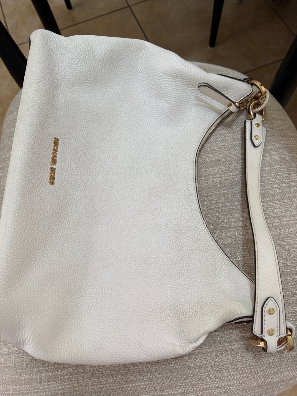 Michael Kors White Pebbled Leather Shoulder Hobo with Gold-Tone Hardware